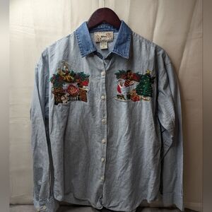 Vintage BSA Women Size Large Denim Embroidered Christmas Button Shirt Long Sleev